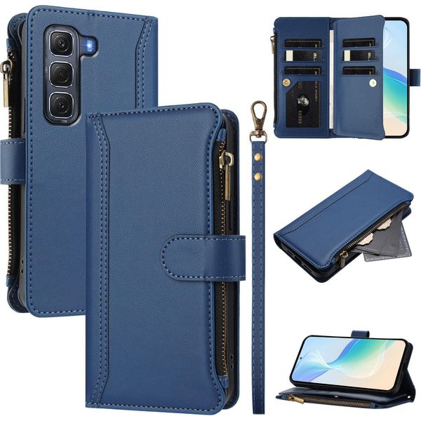 Custodia Per Infinix Hot 60 Pro, Con Cerniera, Portafoglio Custodia Flip In Finto Cuoio Con Tasche Per Carte, Supporto E Passante Per Mano Blu-image