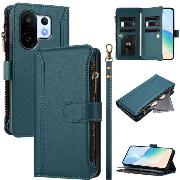 Custodia Per Vivo S30 Pro Mini/Vivo X200 Fe, Con Cerniera, Portafoglio Custodia Flip In Finto Cuoio Con Tasche Per Carte, Supporto E Passante Per La Mano Verde-image