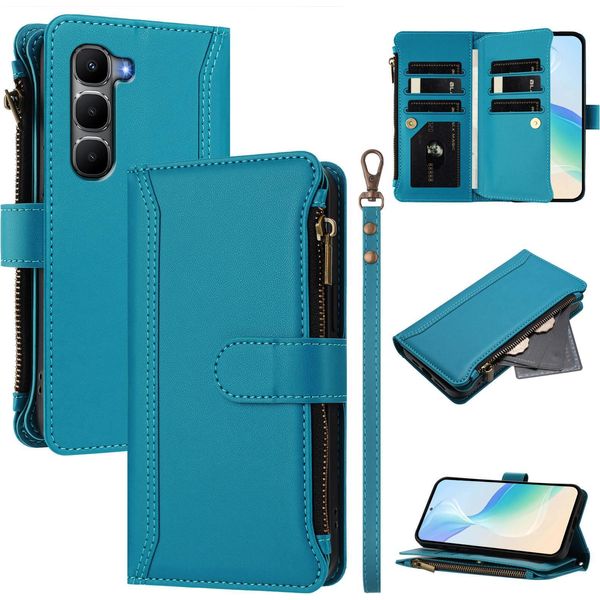 Custodia Per Infinix Hot 60/Hot 60I 4G, Con Cerniera, Portafoglio Custodia Flip In Finto Cuoio Con Tasche Per Carte, Supporto E Passante Per Mani Lake Blu-image