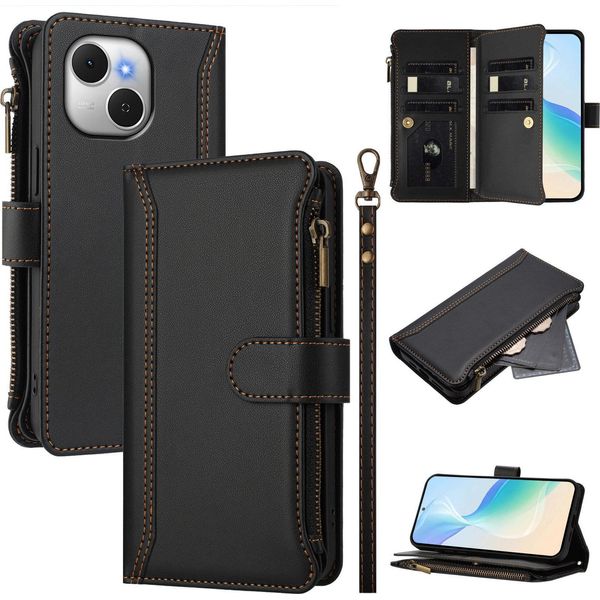 Custodia Per Tecno Spark 40C, Con Cerniera, Portafoglio Custodia Flip In Finto Cuoio Con Tasche Per Carte, Supporto E Passante Per Mano Nero-image