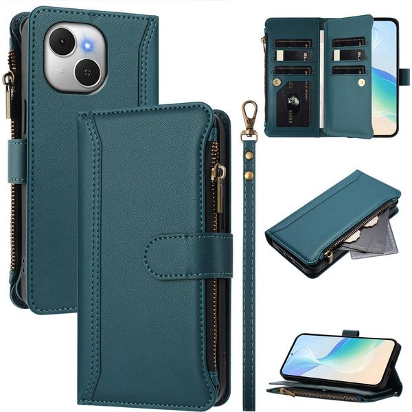 Custodia Per Tecno Spark 40C, Con Cerniera, Portafoglio Custodia Flip In Finto Cuoio Con Tasche Per Carte, Supporto E Passante Per Mano Verde-image