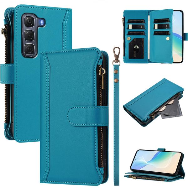 Custodia Per Infinix Hot 60 Pro, Con Cerniera, Portafoglio In Finto Cuoio Con Tasche Per Carte, Supporto E Passante Per Mani Lake Blu-image
