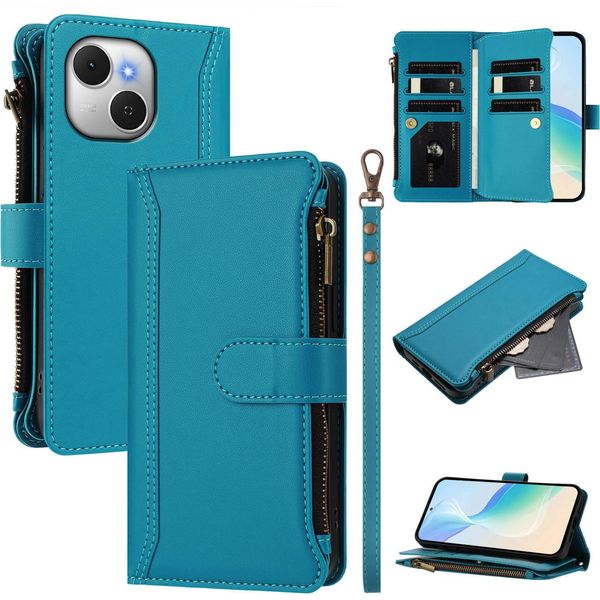 Custodia Per Tecno Spark 40C, Con Cerniera, Portafoglio Custodia Flip In Finto Cuoio Con Tasche Per Carte, Supporto E Passante Per Mani Lake Blu-image