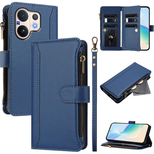 Custodia Per Vivo V60, Con Cerniera, Portafoglio Custodia Flip In Finto Cuoio Con Tasche Per Carte, Supporto E Passante Blu-image