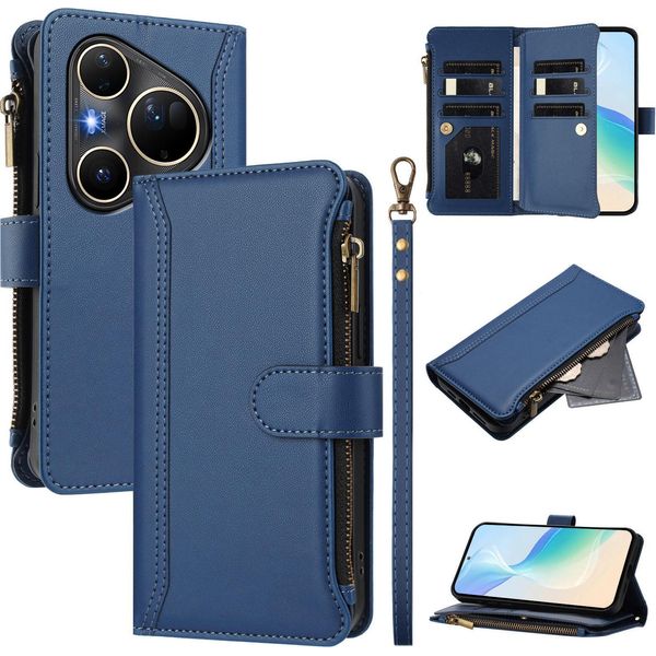 Custodia Per Huawei Pura 80 Ultra, Con Cerniera, Portafoglio In Finto Cuoio Con Tasche Per Carte, Supporto E Passante Per La Mano Blu-image