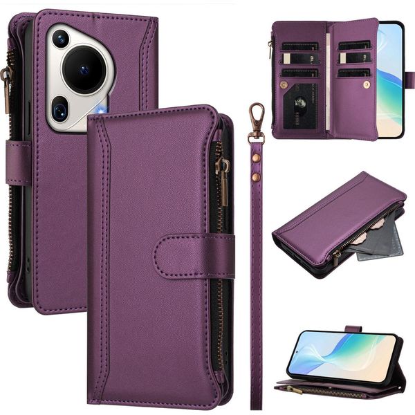 Custodia Per Huawei Pura 70 Ultra, Con Cerniera, Portafoglio In Finto Cuoio Con Tasche Per Carte, Supporto E Passante Per La Mano Viola-image