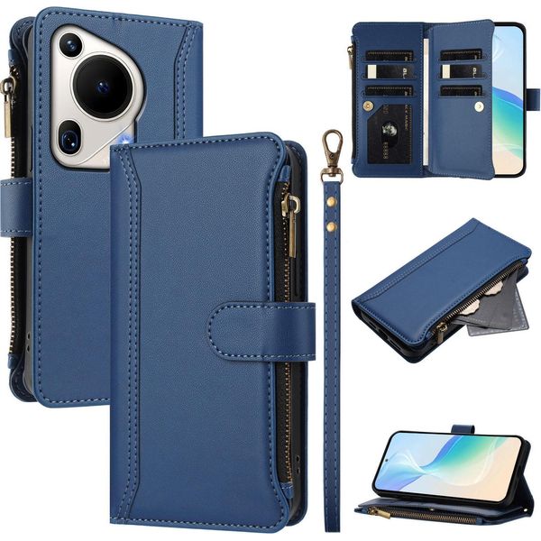 Custodia Per Huawei Pura 70 Ultra, Con Cerniera, Portafoglio In Finto Cuoio Con Tasche Per Carte, Supporto E Passante Blu-image