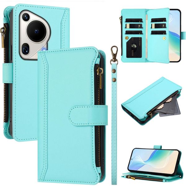 Custodia Per Huawei Pura 70 Ultra, Con Cerniera, Portafoglio In Finto Cuoio Con Tasche Per Carte, Supporto E Passante Verde Menta-image