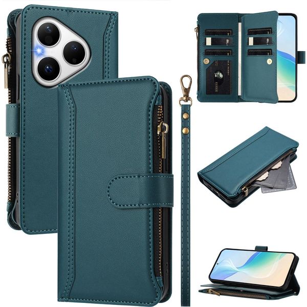 Custodia Per Huawei Pura 80, Con Cerniera, Portafoglio In Finto Cuoio Con Tasche Per Carte, Supporto E Passante Per La Mano Verde-image