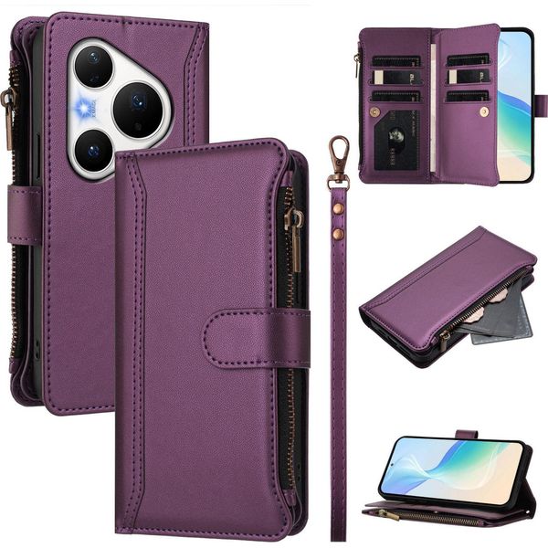 Custodia Per Huawei Pura 80 Pro/Pura 80 Pro+, Con Cerniera, Portafoglio, Custodia Flip In Finto Cuoio Con Tasche Per Carte, Supporto E Passante Per Mano Viola-image