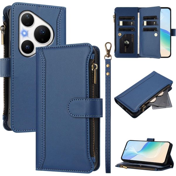 Custodia Per Huawei Pura 80 Pro/Pura 80 Pro+, Con Cerniera, Portafoglio, Custodia Flip In Finto Cuoio Con Tasche Per Carte, Supporto E Passante Blu-image