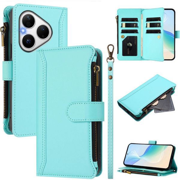 Custodia Per Huawei Pura 80, Con Cerniera, Portafoglio Custodia Flip In Finto Cuoio Con Tasche Per Carte, Supporto E Passante Per Mano Verde Menta-image