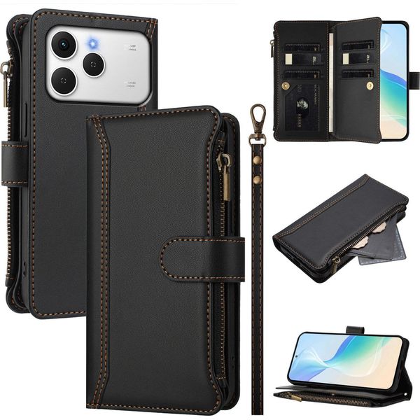Custodia Per Tecno Spark 40, Con Cerniera, Portafoglio Custodia Flip In Finto Cuoio Con Tasche Per Carte, Supporto E Passante Per Mano Nero-image