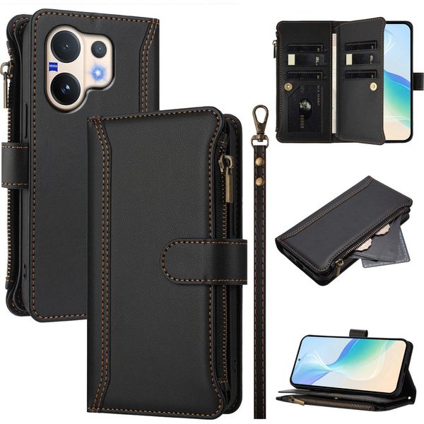 Custodia Per Vivo V60, Con Cerniera, Portafoglio Custodia Flip In Finto Cuoio Con Tasche Per Carte, Supporto E Passante Per Mano Nero-image