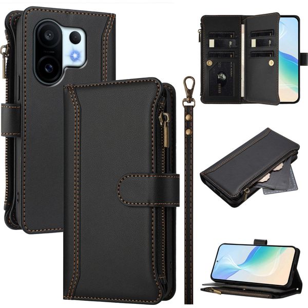Custodia Per Vivo S30 Pro Mini/Vivo X200 Fe, Con Cerniera, Portafoglio Custodia Flip In Finto Cuoio Con Tasche Per Carte, Supporto E Passante Per Mano Nero-image