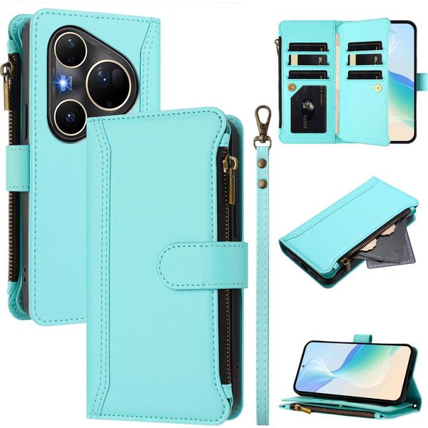 Custodia Per Huawei Pura 80 Ultra, Con Cerniera, Portafoglio In Finto Cuoio Con Tasche Per Carte, Supporto E Passante Per La Mano Verde Menta-image