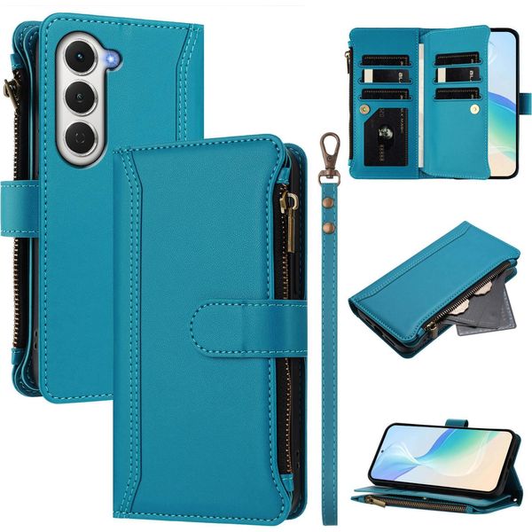 Custodia Per Tecno Spark 40 Pro, Con Cerniera, Portafoglio Custodia Flip In Finto Cuoio Con Tasche Per Carte, Supporto E Passante Per Mani Lake Blu-image