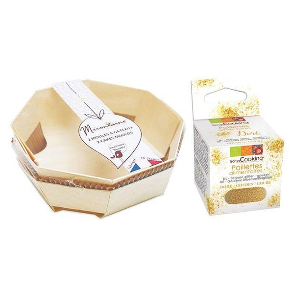2 Stampi Per Dolci In Legno Ø 18 Cm + Glitter Alimentare Dorato-image