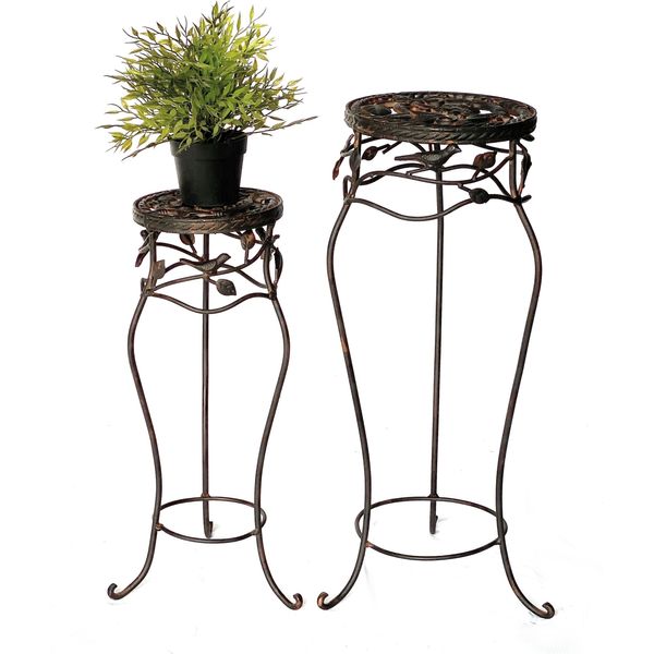 Sgabello Per Fiori In Metallo Nero Rotondo Set Di 2 65 Cm / 78 Cm Portafiori 18215 Colonna Per Fiori Portapiante Antico Sgabello Per Piante Vintage-image