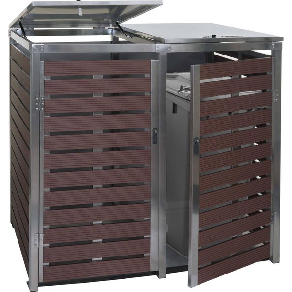 2 Contenitori Per Rifiuti HWC-K14, Contenitore Per Rifiuti, 119X134X84Cm Wpc Acciaio Inox 78Kg ~ Aspetto Legno Di Noce-image