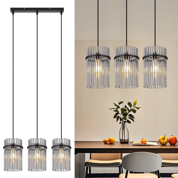 Zmh Lampada A Sospensione Nera A Sospensione Tavolo Da Pranzo - Luce A Sospensione 3 Fiamme E27 Lampada Vintage Sala Da Pranzo A Sospensione Paralume In Vetro Ø 16 Per Cucina Bar Caffè Soggiorno (Senza Lampadina)-image
