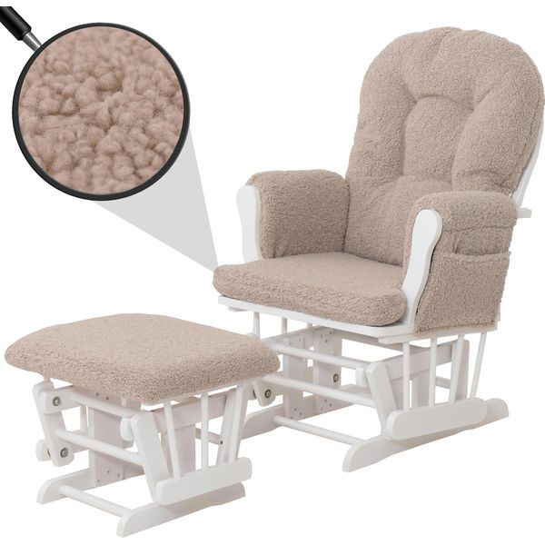 Recliner HWC-C76, Poltrona A Dondolo + Sgabello Tessuto Bouclé 480G/M² Oeko-Tex ~ Struttura Marrone Bianco-image