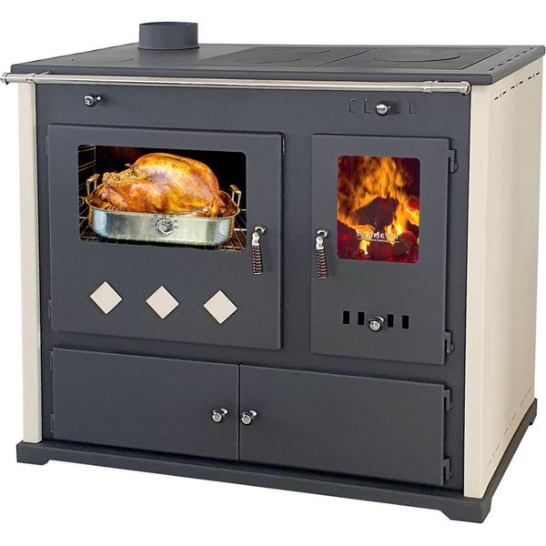Stufa A Legna Con Vano Cottura E Piano Di Cottura Pracktik Lux Beige Sinistra Stufa A Legna Da 9,5 Kw Caminetto A Legna Stufa A Fuoco Continuo Stufa Da Officina Stufa Svedese Stufa Da Casetta Stufa Da Riscaldamento-image