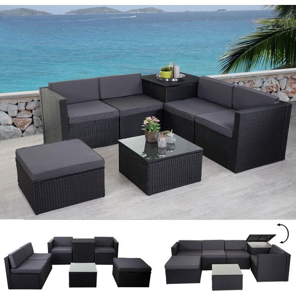 Set In Poly-Rattan HWC-D21, Set Da Balcone/Giardino/Salotto Gruppo Di Sedute Con Divano, Vano Contenitore ~ Antracite, Cuscini Grigio Scuro-image