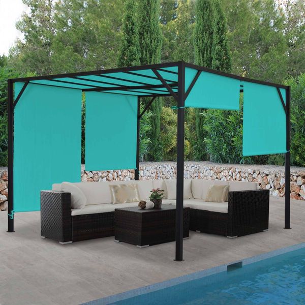 Pergola Baia, Tetto A Padiglione Da Giardino, Robusta Struttura In Acciaio Da 6 Cm + Tetto Scorrevole Blu Turchese ~ 4X4M-image
