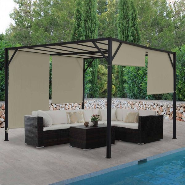 Pergola Baia, Tetto A Padiglione Da Giardino, Robusta Struttura In Acciaio Da 6 Cm + Tetto Scorrevole Color Tortora ~ 3X4M-image