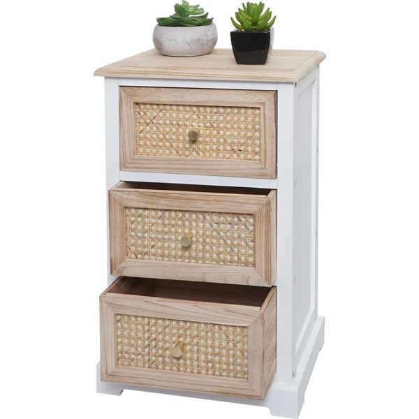 Cassettiera HWC-K87, Mobile Cassettiera, Legno Rattan 63X40X28Cm ~ Bianco, Colore Naturale-image
