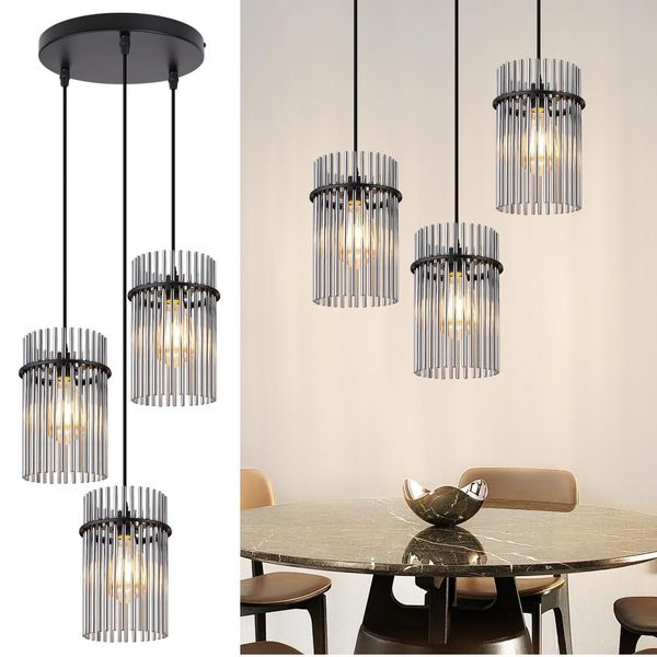 Zmh Lampada A Sospensione A 3 Fiamme Nero - Lampada A Sospensione Tavolo Da Pranzo Rotonda E27 Lampada A Sospensione Paralume In Vetro Ø 16 Vintage Per Sala Da Pranzo Cucina Soggiorno Bar Caffè (Senza Lampadina)-image