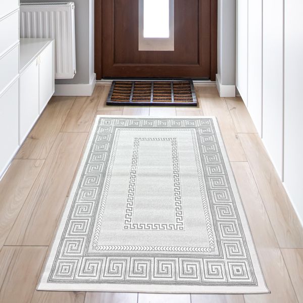 Tappeto Grigio Argento Con Bordo Design Di Facile Manutenzione E Resistente Per Il Soggiorno Dimensioni - 80 X 150 Cm-image