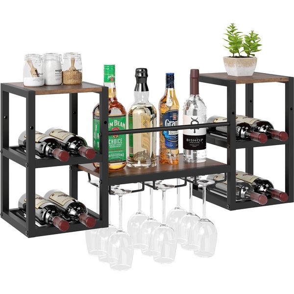 Costway Portabottiglie Da Parete, Portabottiglie Per 8 Bottiglie E 9 Bicchieri Da Vino, Portabottiglie Da Parete In Legno Con Struttura In Metallo Per Casa, Bar, Cucina E Ristorante-image