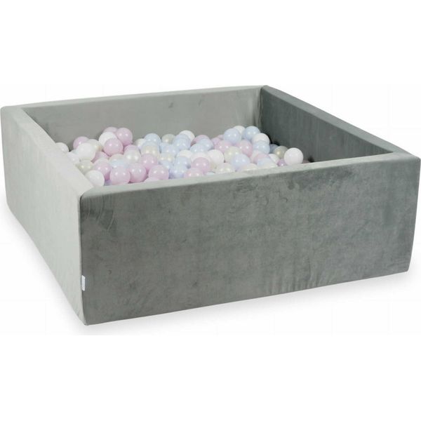 Piscina Di Palline 110X110X40 Grigio Velluto - Con 600 Palline / Rosa Baby Perlato, Azzurro Baby Perlato, Effetto Sirena, Bianco-image