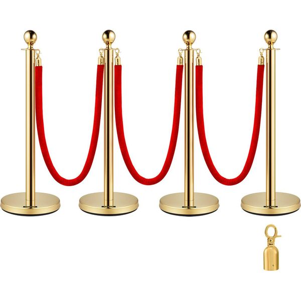Barriera In Acciaio Inox Post Corda Di Demarcazione Stand Testa Di Palla 3 Corde Di Velluto Rosso Colonna D'oro 4 Pack Barriere Di Controllo Della Folla-image