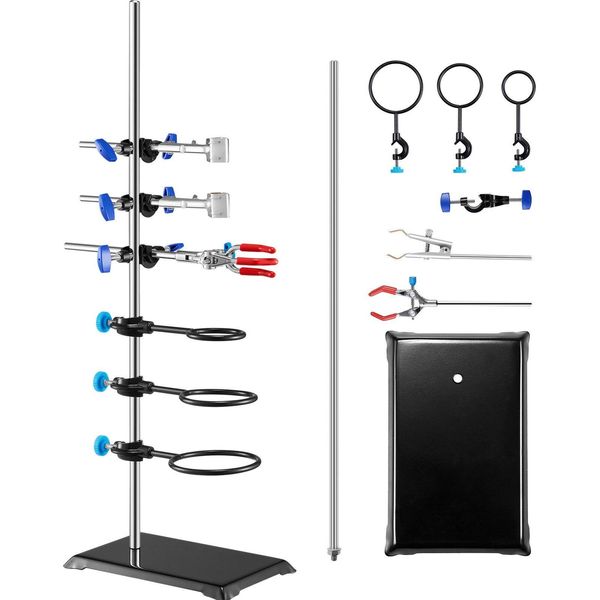 Supporto Per Laboratorio, Supporto Per Storta Da Laboratorio 1 Set, Supporto Da Laboratorio In Acciaio Con Asta Da 60 Cm E Base In Ghisa Da 210,82 X 135 Mm, Incl. Morsetti Per Stantuffo, Morsetti Per Tavola E Morsetti A Croce-image