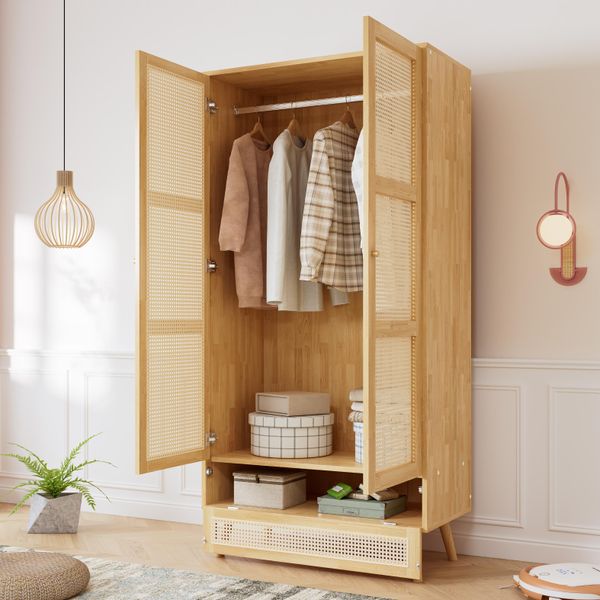 Merax Armadio A 2 Ante Con Asta Appendiabiti E Scomparto Ribaltabile, Design Pe Rattan, Naturale, 90X45X183 Cm, Per Camera Da Letto E Soggiorno-image