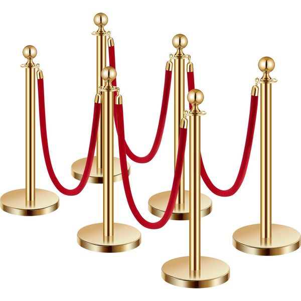 Sistema Di Controllo Della Folla Succebuy 6 Paletti Di Barriera Dorati 4 Corde Di Velluto Rosso Base Cava Riempita Di Sabbia-image