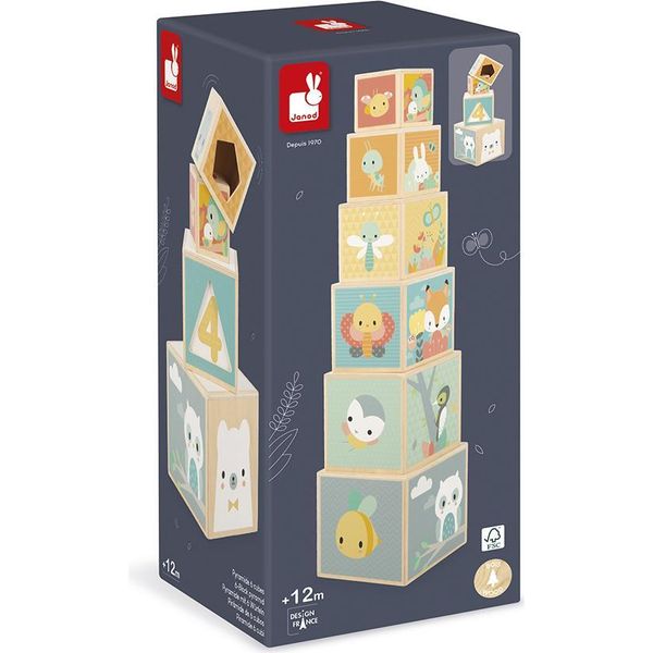 Janod Torre Di Blocchi Di Legno Pure - Cubi Impilabili Con Animali E Numeri-image