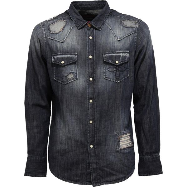0816Z Camicia Uomo 9.2 Denim & Co. Blue Denim Delave' Vintage Effect Shirt Man-image