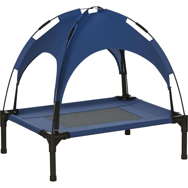 Pawhut Lettino Per Cani Rialzato Con Tettoia, Letto Per Animali Domestici Con Protezione Uv, Letto Per Cani Da Esterno Con Tettoia, Traspirante, In Tessuto Taffettà Per Campeggio Blu Scuro 61 X 46 X 62 Cm-image