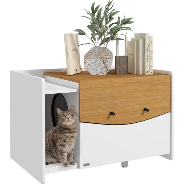 Pawhut Armadietto Per Gatti Per Lettiera, Armadietto Per Lettiera Con Mobile Estraibile, Tappetino Per La Raccolta Della Lettiera, Casetta Per Gatti Da Interno, 78 X 50 X 51 Cm, Rovere-image