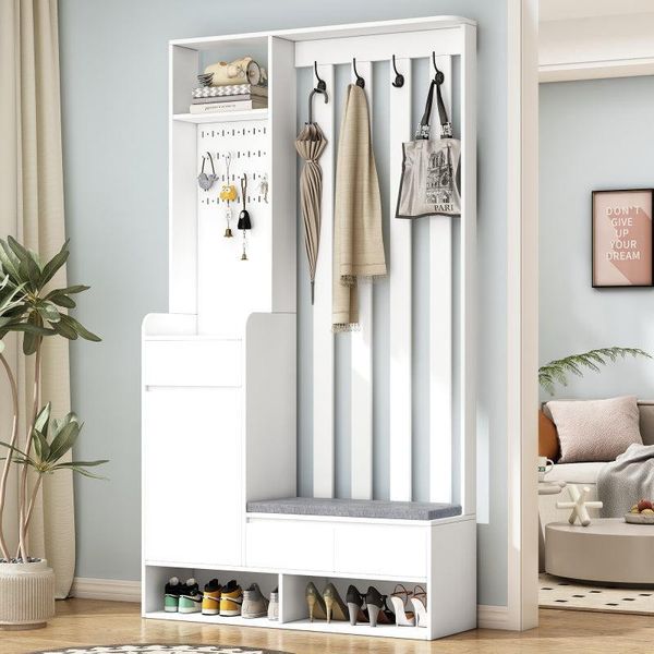 Appendiabiti Da Corridoio Con Panca Imbottita, Scarpiera Da Corridoio Multifunzionale Con Lavagna, Appendiabiti Moderno Con 4 Ganci, Bianco,-image