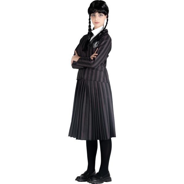 Mercoledì Addams Nevermore Academy Costume Uniforme Scuola Costume Carnevale Ragazza Ufficiale Mercoledì (Taglia 8-10 Anni) Con Parrucca-image