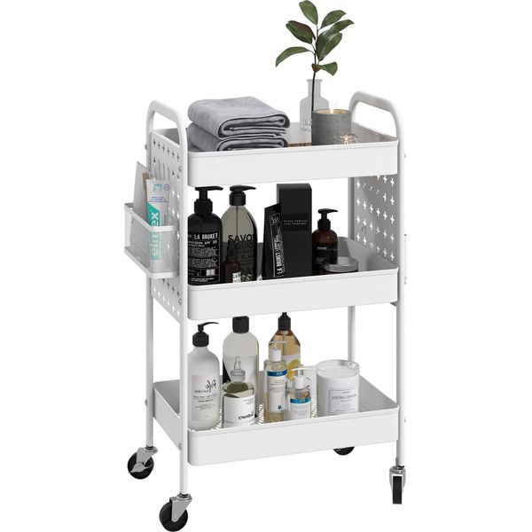 Carrello Homcom, Carrello Di Servizio Con 3 Ripiani, 2 Cestini Per Appendere, Carrello Portaoggetti Con Maniglia, Carrello Da Cucina, Carrello Laterale Per Cucina, Soggiorno, Acciaio, Bianco-image