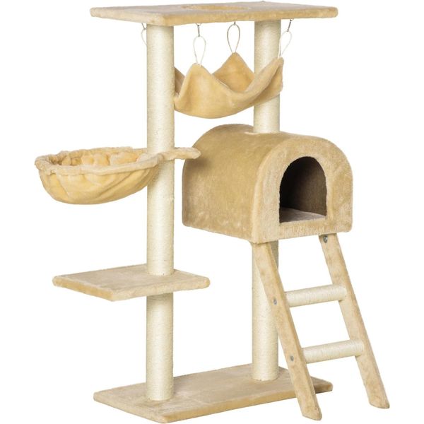 Albero Per Gatti, Grotta Accogliente, Amache Di Peluche, Robusti Tiragraffi, Beige, 54X29,5X98 Cm-image