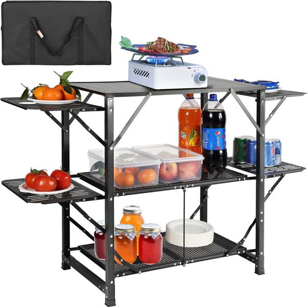 Tavolo Da Cucina Da Campeggio, In Alluminio, Pieghevole, Portatile, Stazione Di Cottura All'aperto Con 4 Lati In Ferro, 2 Ripiani E Borsa Per Il Trasporto, Installazione Rapida Per Picnic, Barbecue, Spiaggia, Viaggi Ecc.-image