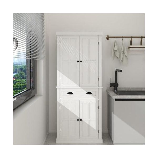 Armadio Alto Bianco, Dispensa Da Cucina, Armadio Da Cucina Con Cassetto E 2 Ante, Linee Scolpite, Ripiani Regolabili, Dispositivo Antiribaltamento-image