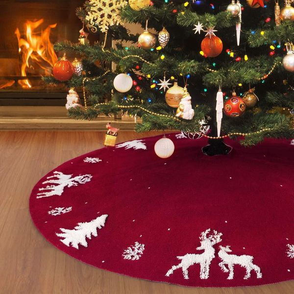 Gonna Per Albero Di Natale 122 Cm A Maglia 3D Alce Base Albero Di Natale, Gonna Albero Rustico 48Inch Per La Decorazione Di Natale, Per Interni Ed Esterni, Rosso-image